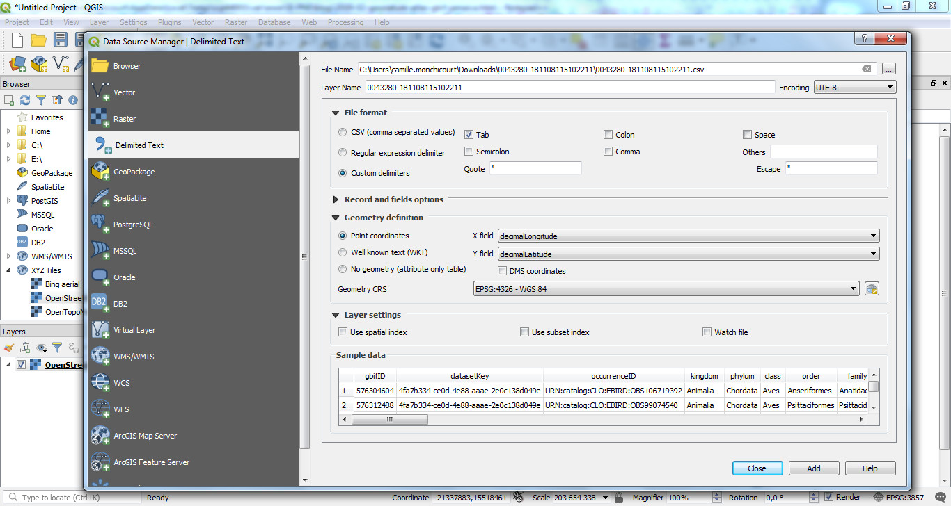 GBIF CSV in QGIS